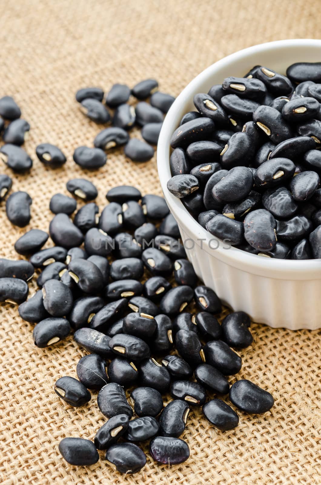 Black Beans in white ceramic bowl on sack background.