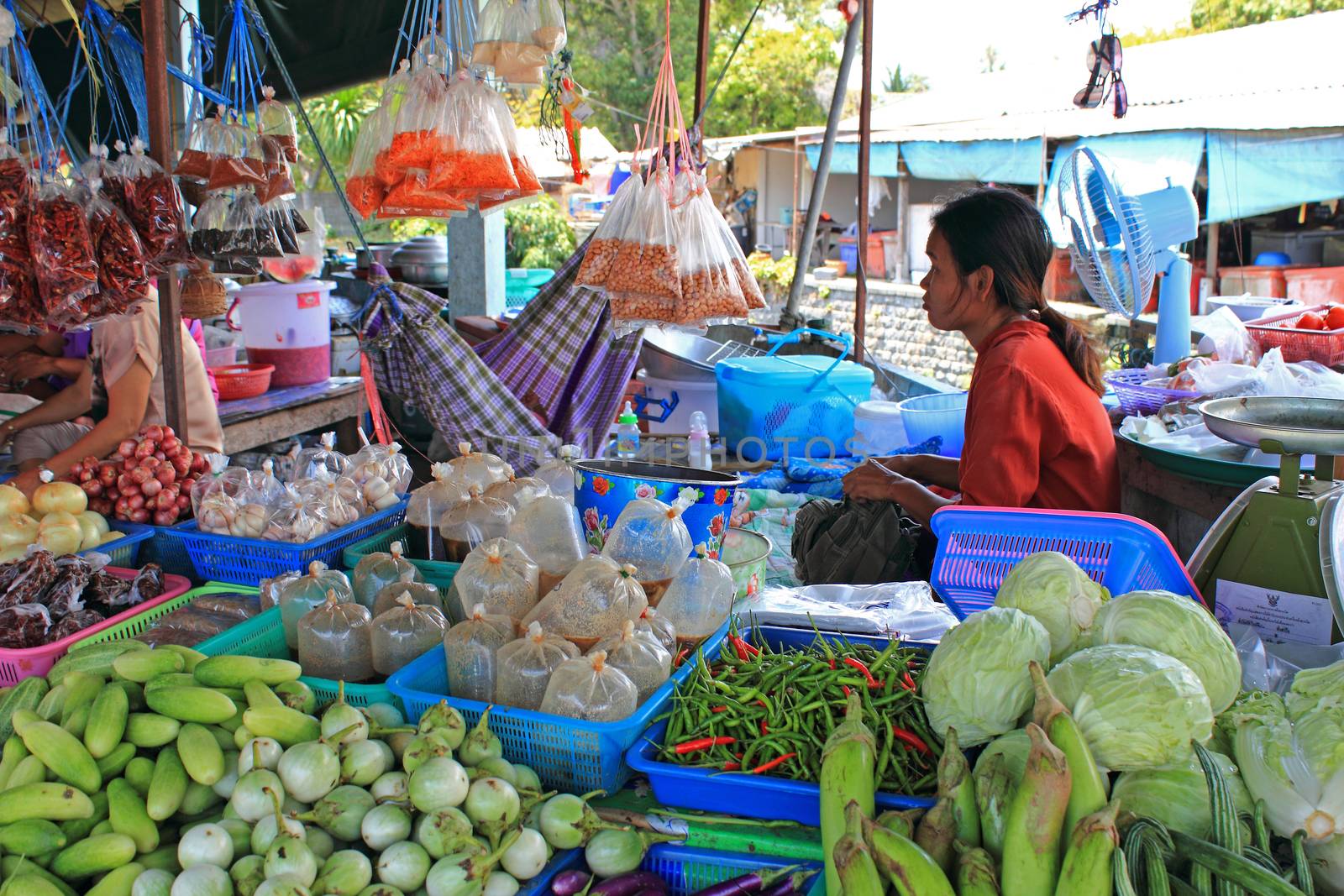 Colorful view to market. For sale are many kinds of vegetables and soups. Seller dressed in red shirt is waiting customers. Lamai beach, Koh Samui, Thailand.
