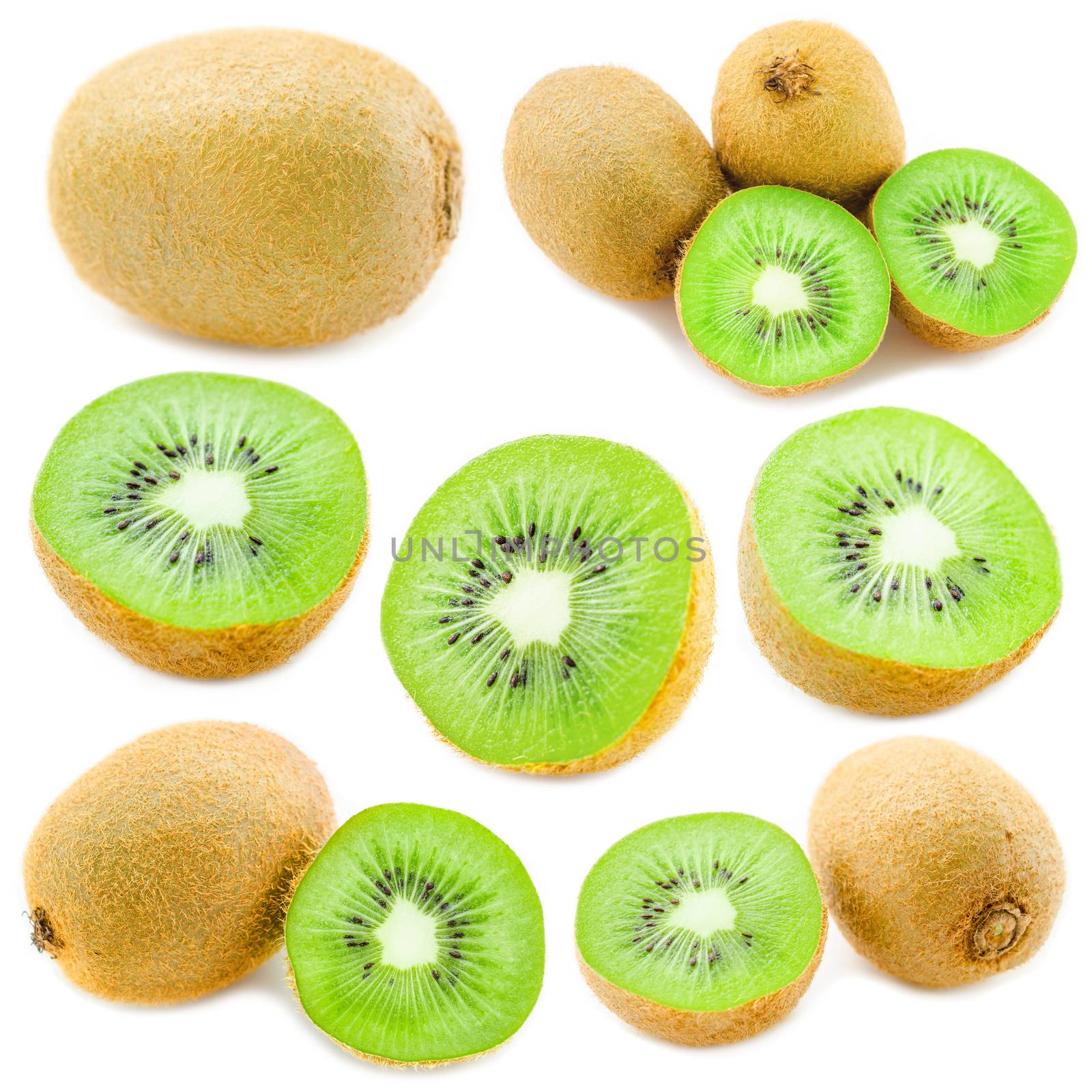Collection of fresh kiwi isolated on white background. by Gamjai