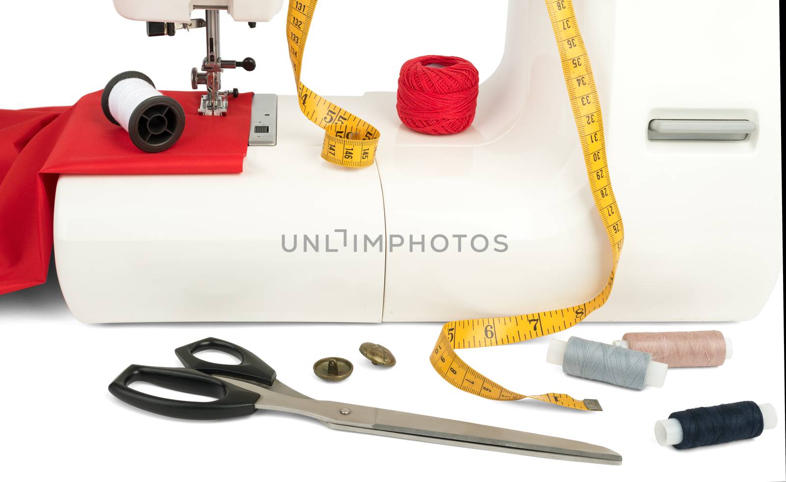 Sewing machine with fabric, threads and tape by cherezoff