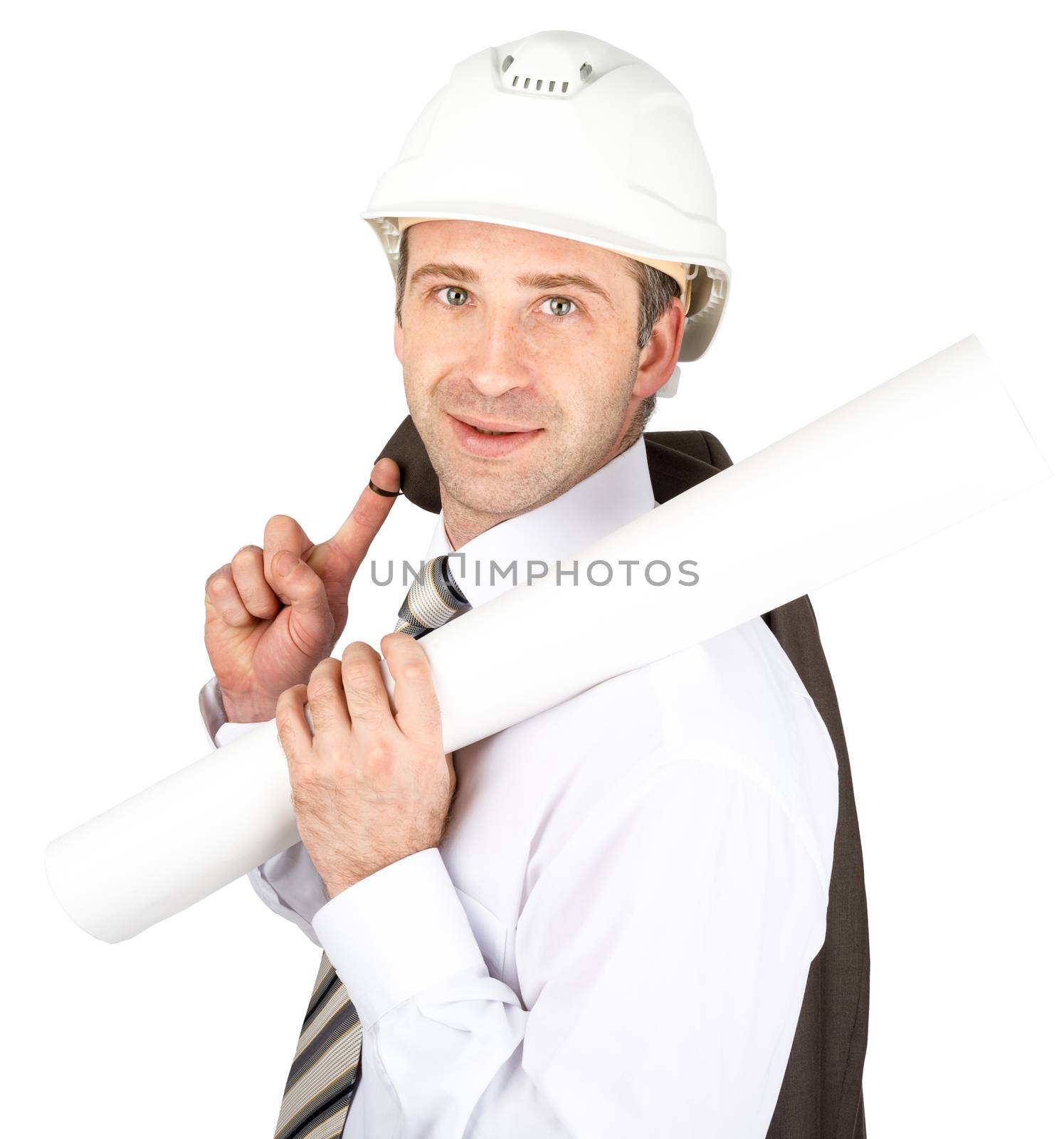 Smiling businessman in helmet holding his jacket and paper scroll. Isolated on white background