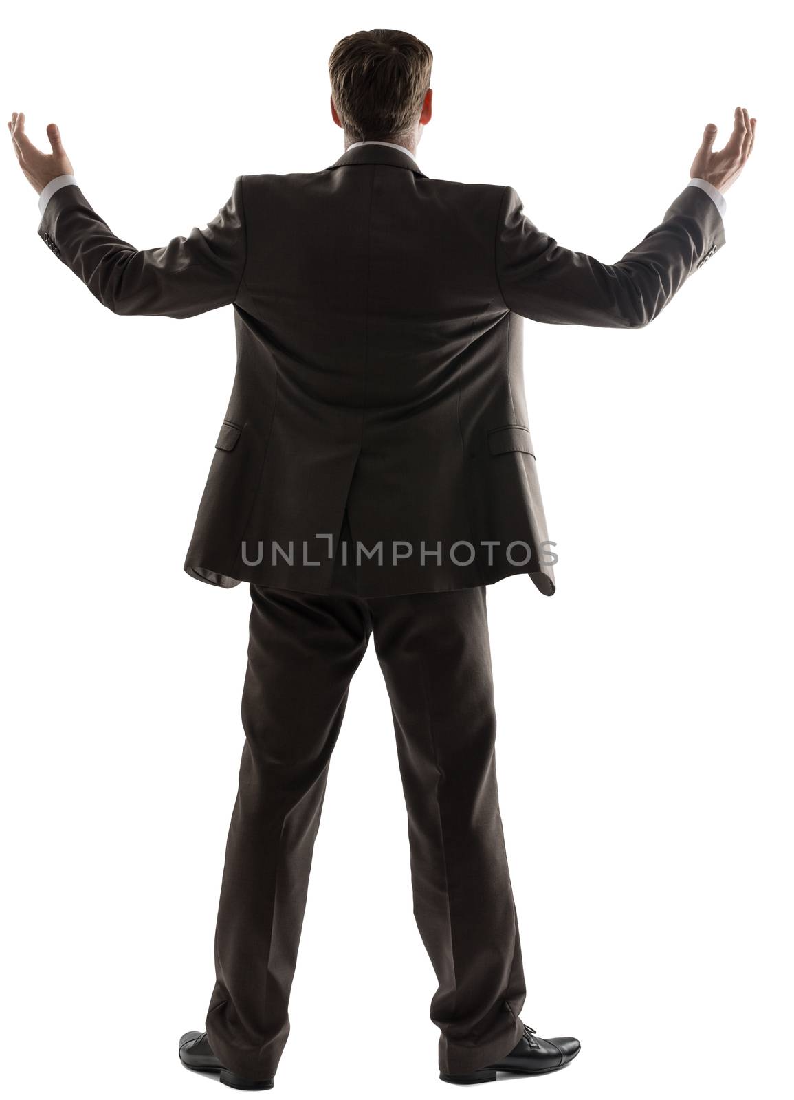 Rear view of successful businessman with arms up  by cherezoff