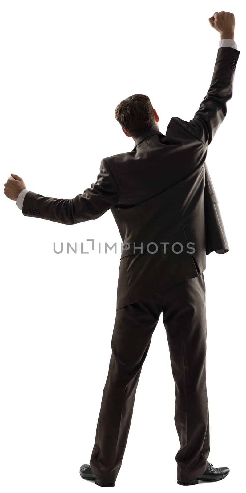 Rear view of successful business man with arms up  by cherezoff