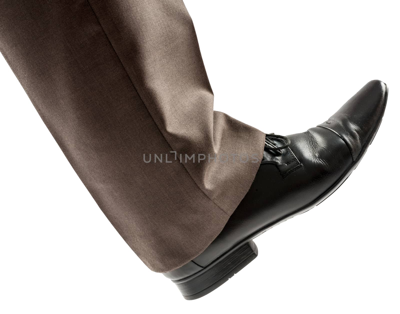 Feet of man in black shoes isolated on white background