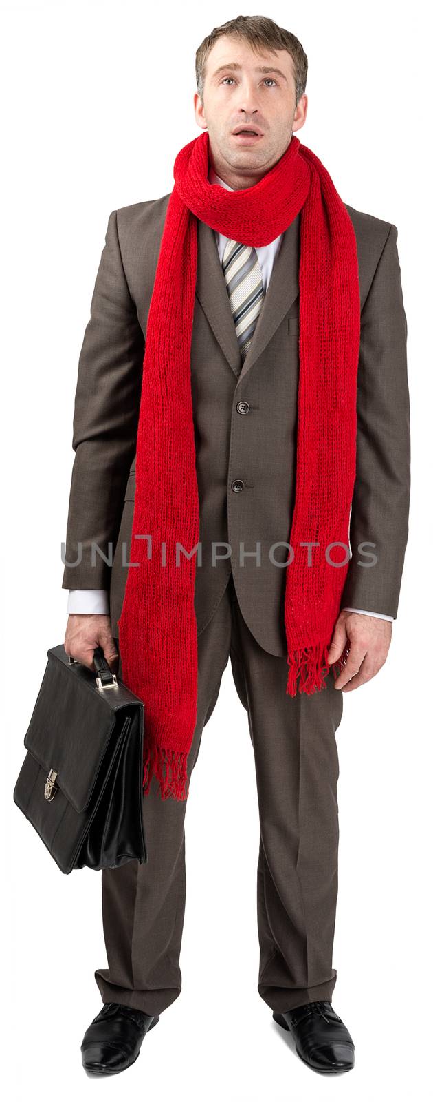 Businessman with sore throat in red scarf isolated on white background