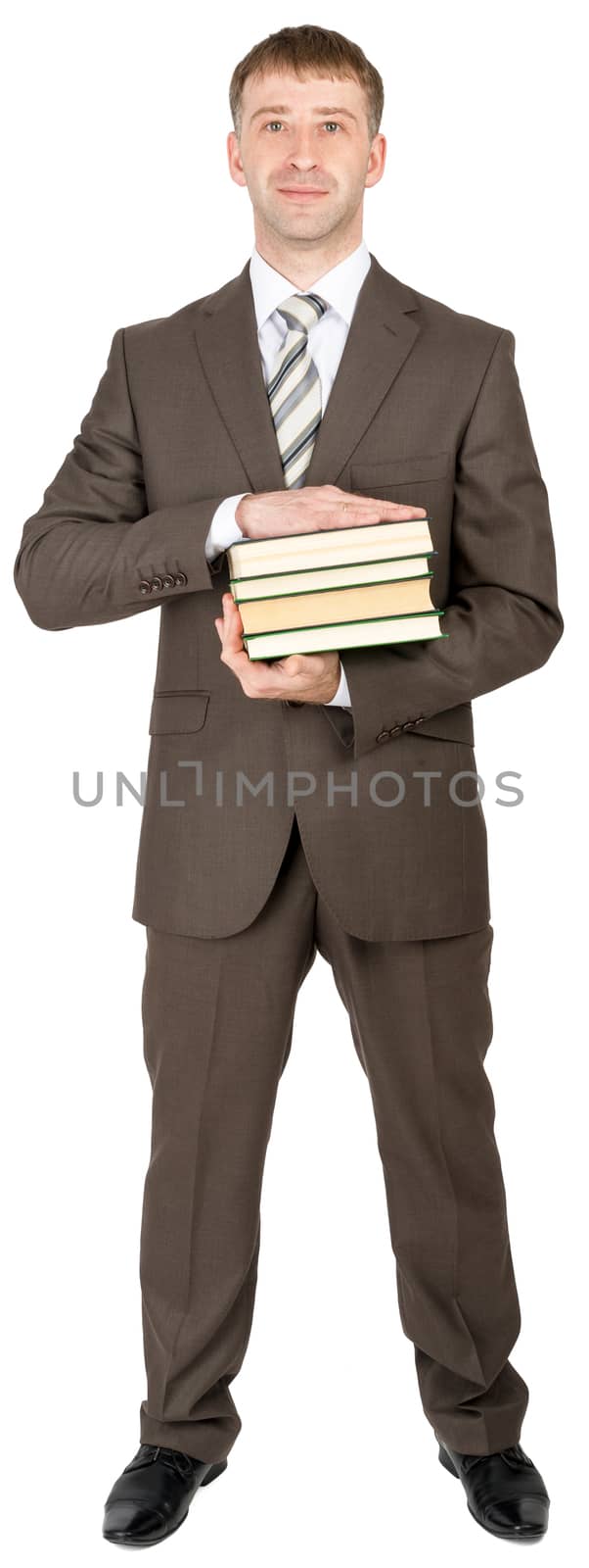 Businessman holding books isolated on white background, front view