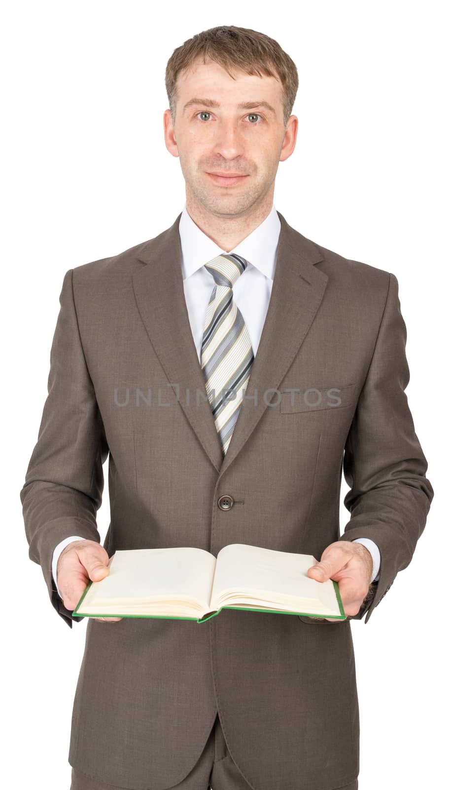 Businessman holding open book and looking at camera isolated on white background, closeup