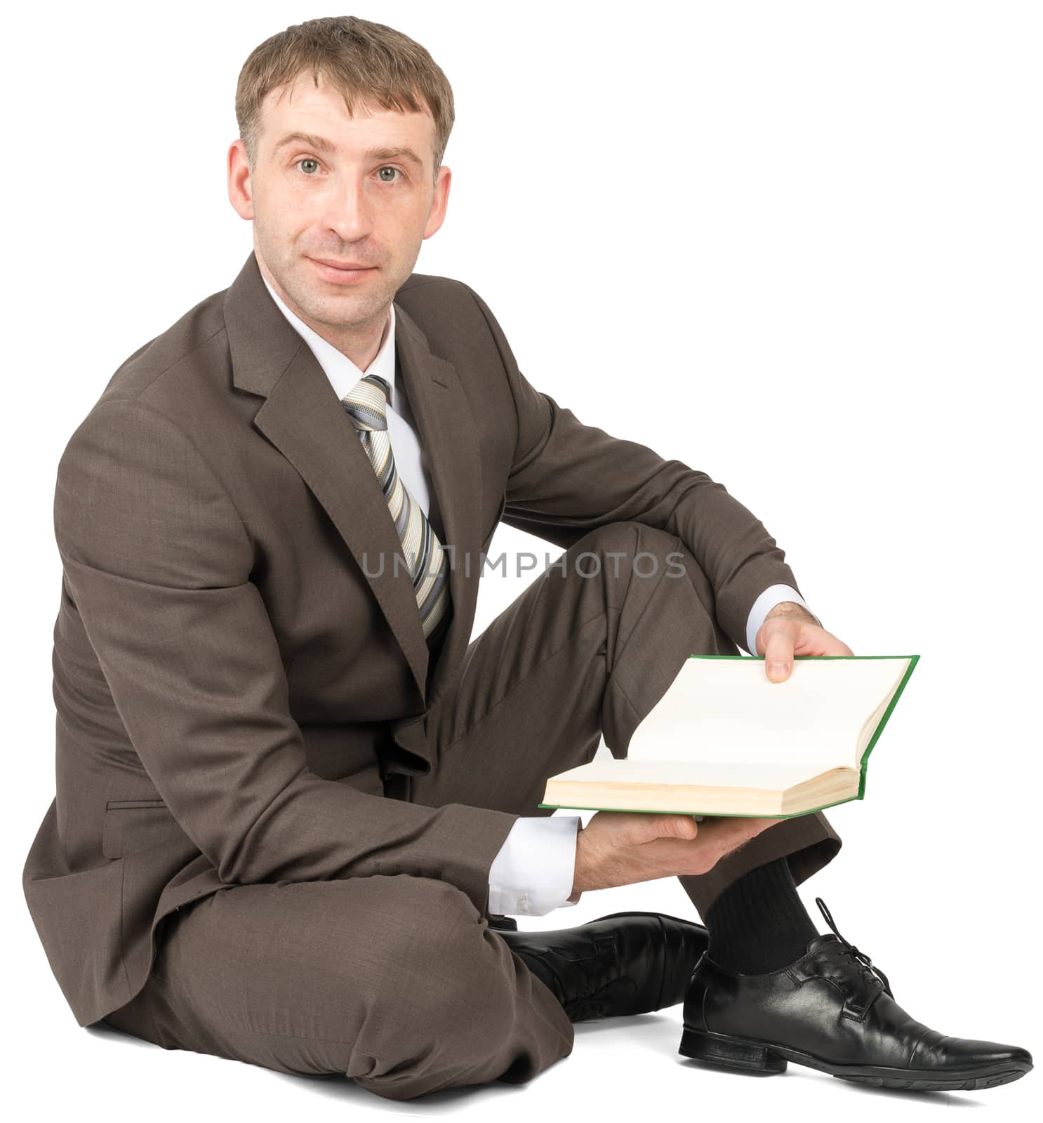 Man sitting with book isolated on white background
