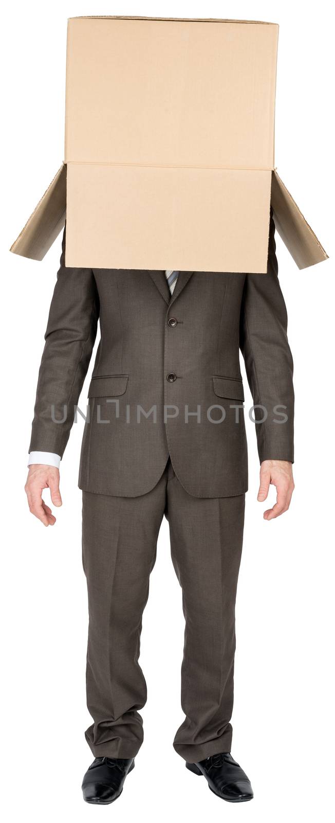Businessman with brown box on his head, isolated on white background