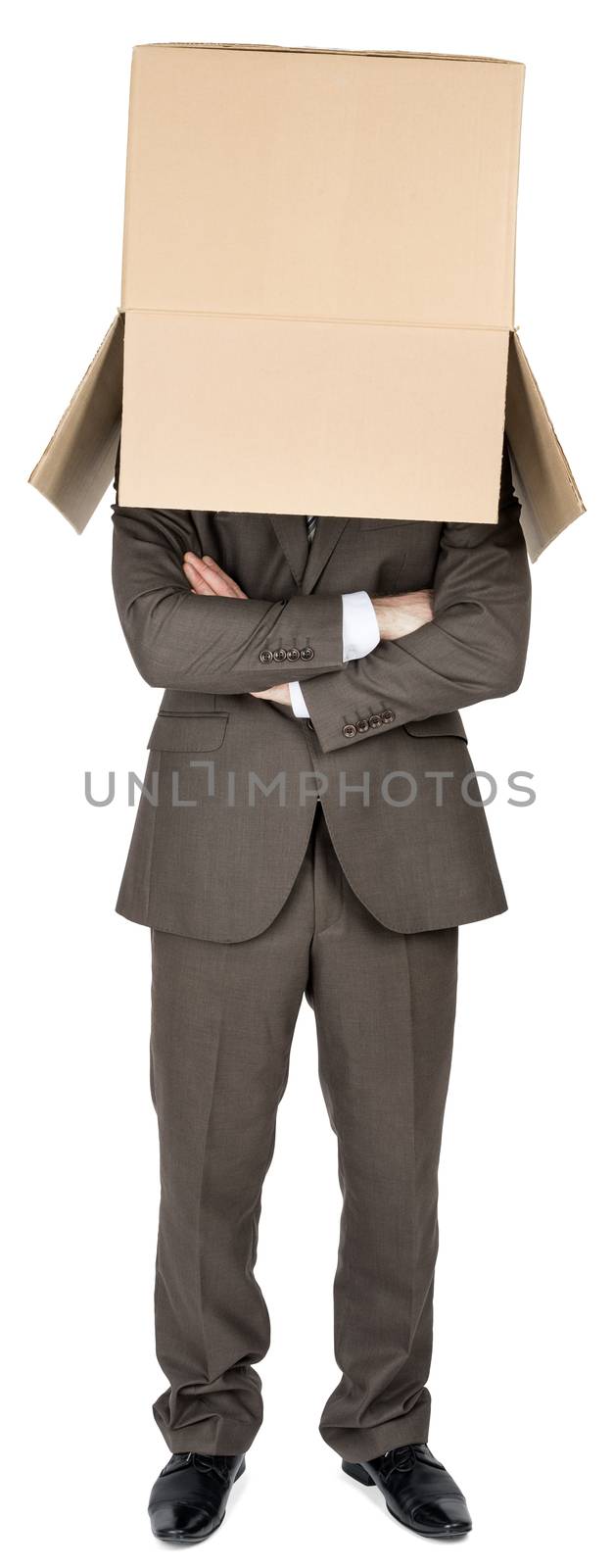 Businessman with brown box on his head, crossed arms, isolated on white background