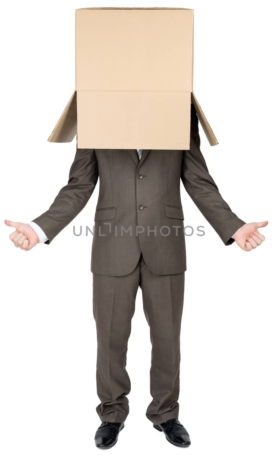 Businessman gesturing with cardboard box on head  by cherezoff