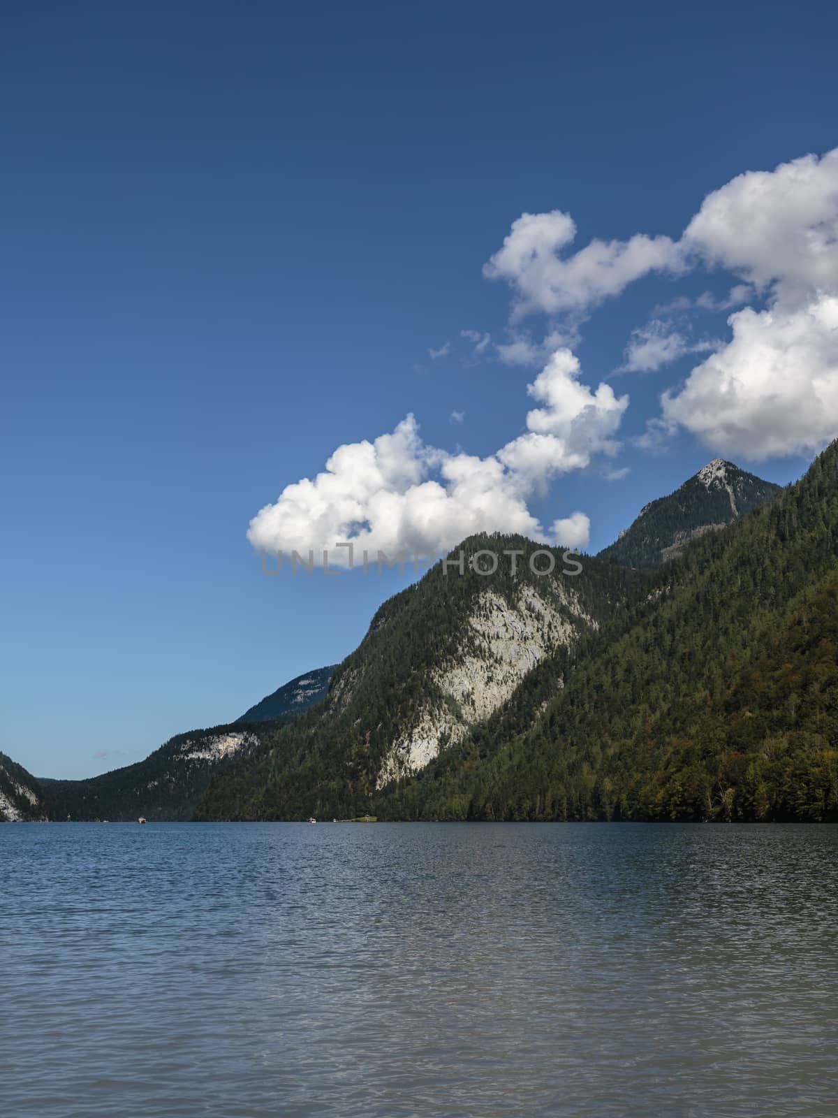 view over Koenigssee to densely wooded hills an mountains, from the sun illuminated rocks, clear blue sky with large white clouds