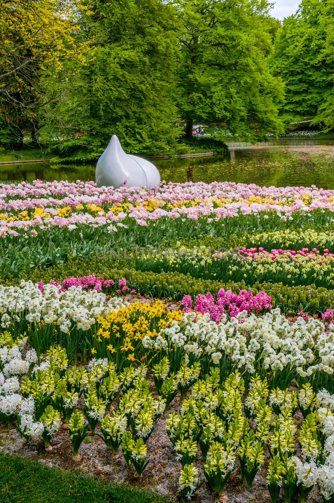 Drop monument with colorful daffodils and tulips, Keukenhof Park, Lisse in Holland.