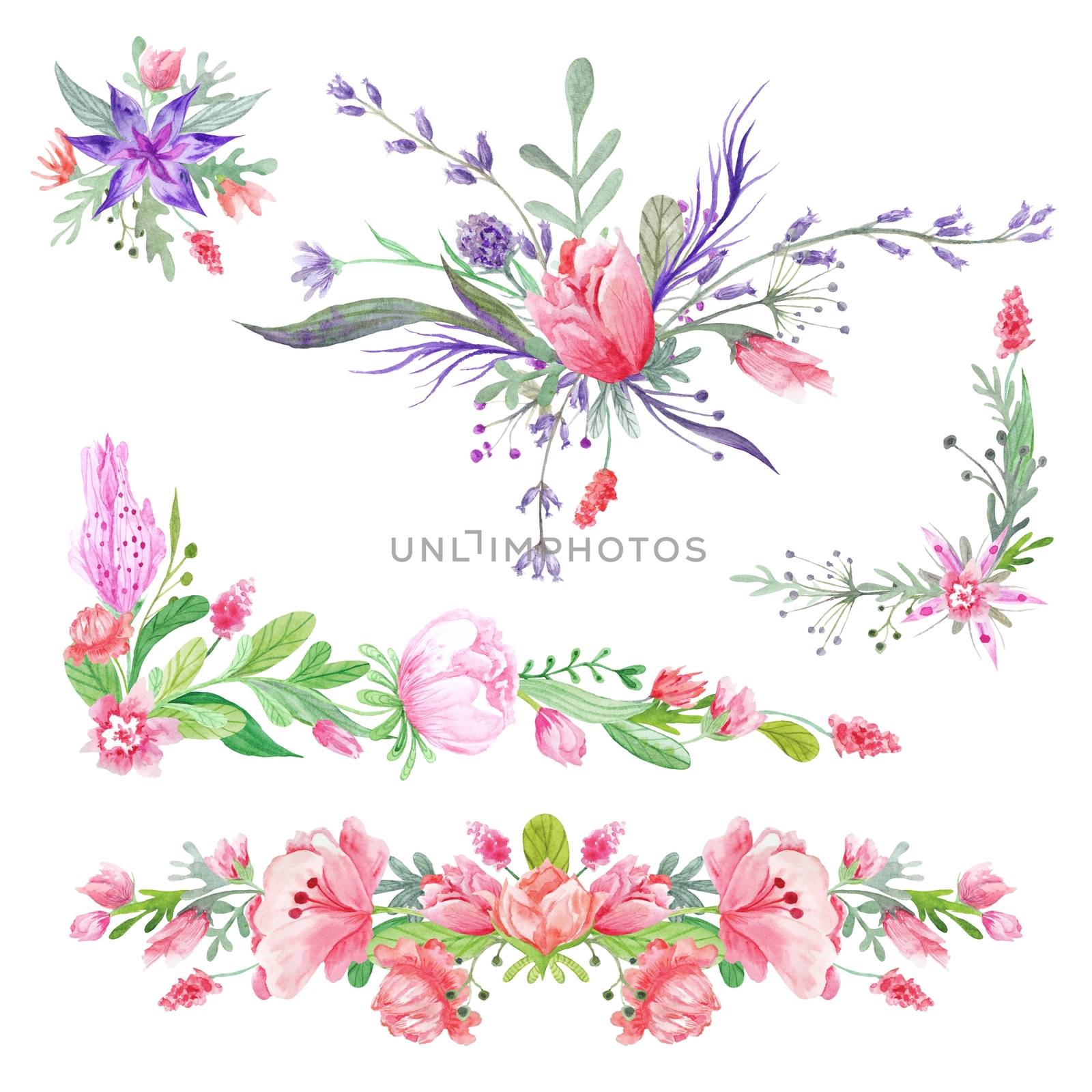 Set of botanical bright floristic vignette compositions isolated on white background for wedding, event design
