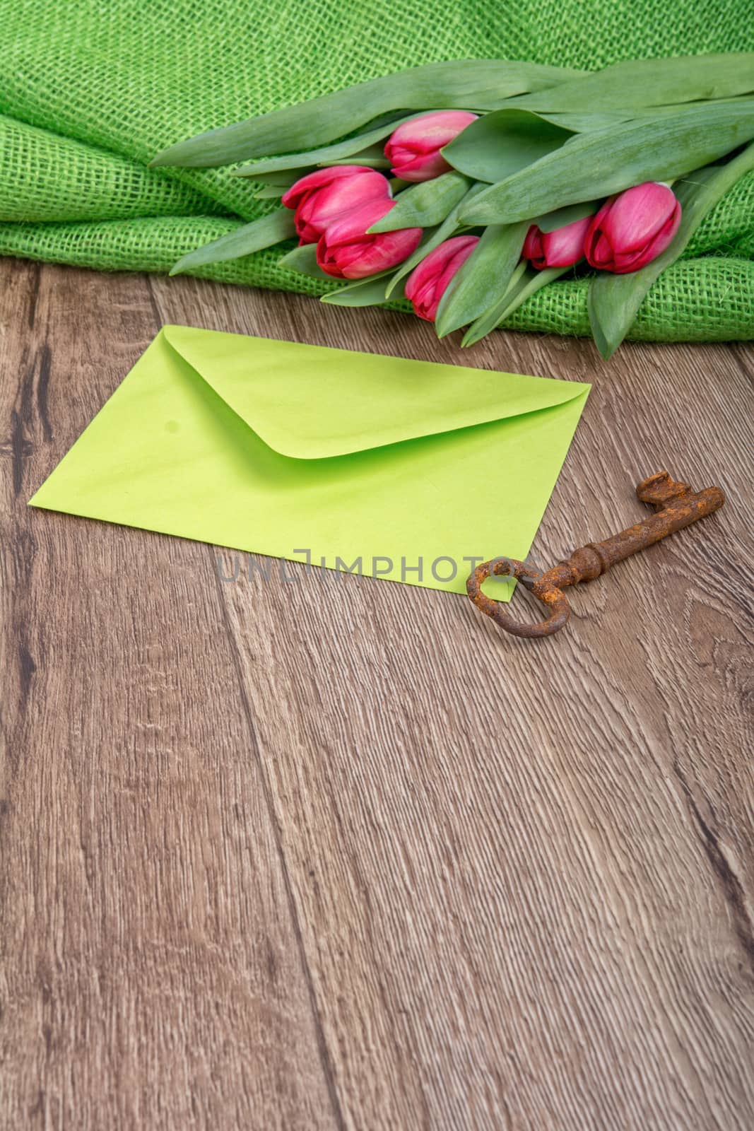 Envelope, rusty key and tulip on a wooden background by neryx