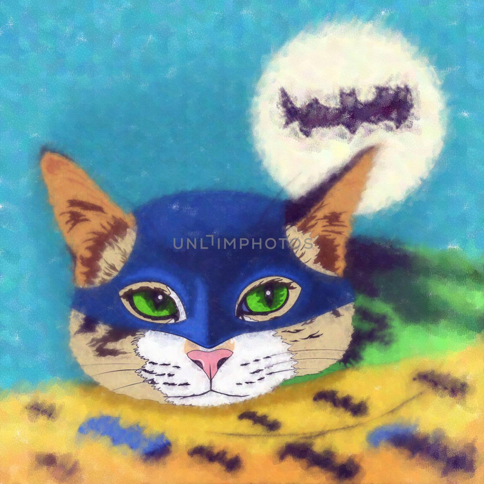 Batman Cat. Watercolor sketch illustration of a cat at home.