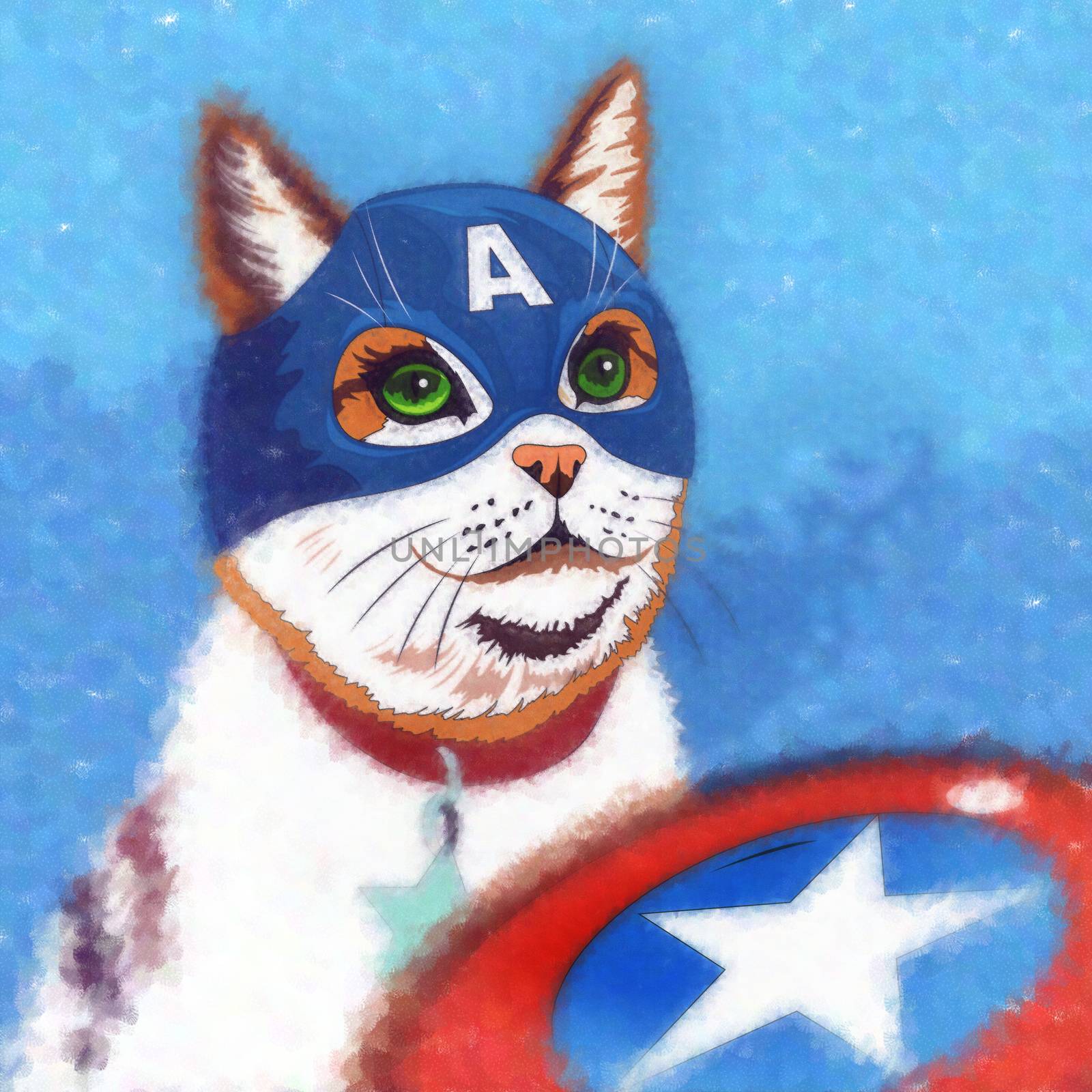 Captain America Cat. Watercolor sketch illustration of a cat at home.