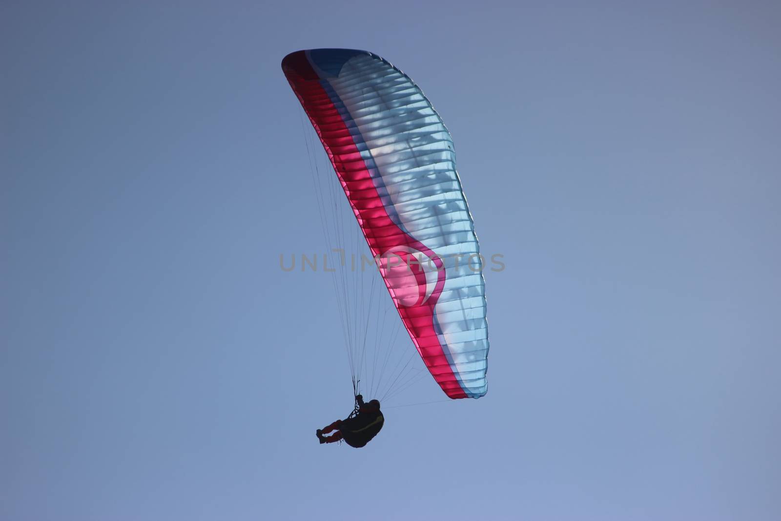 Paraglider Flying On Clear Blue Sky Background
