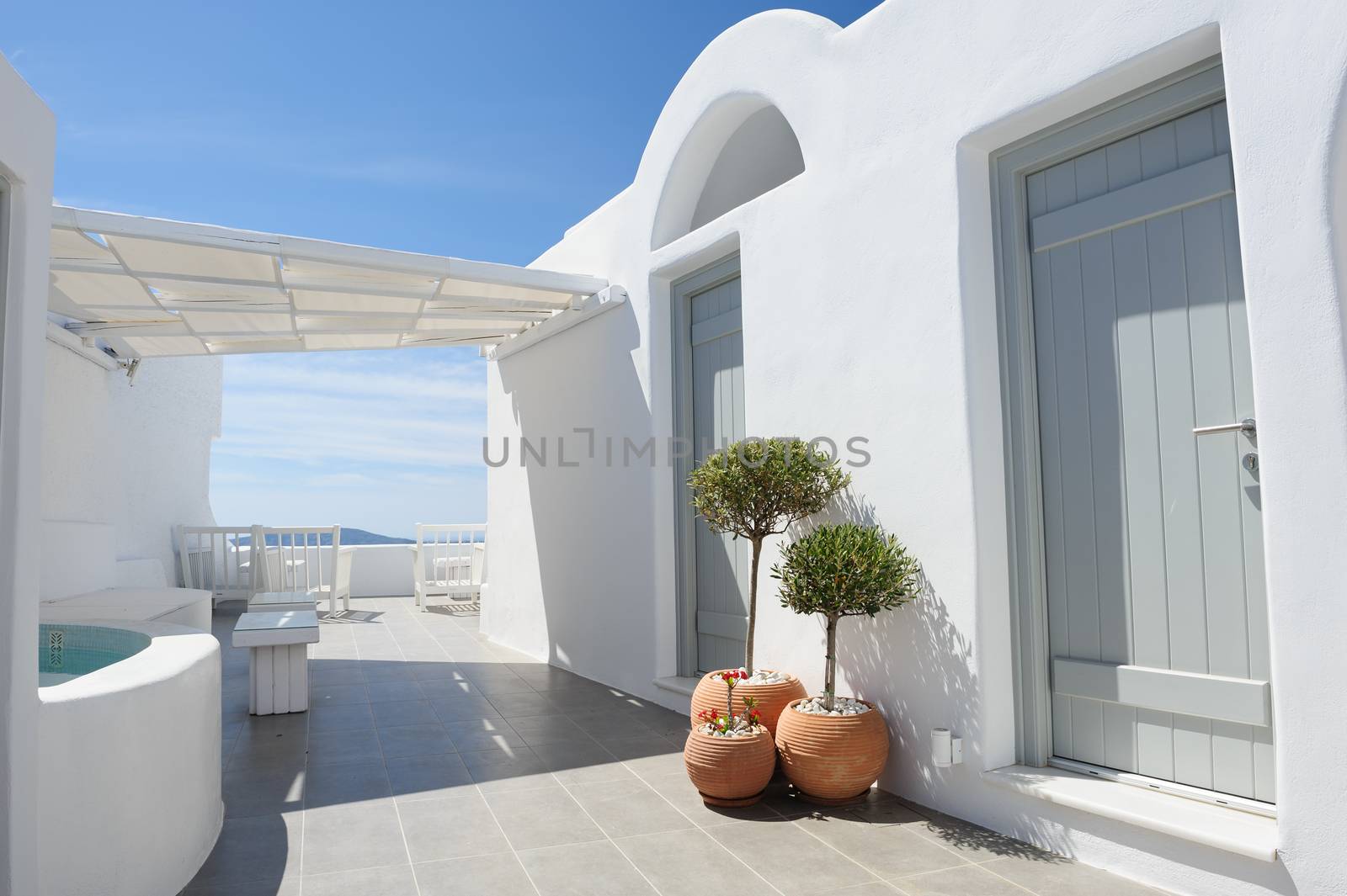 Luxury decks and patios of Oia, Santorini, Greece