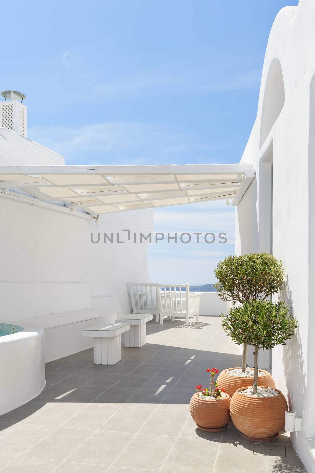 Luxury decks and patios of Oia, Santorini, Greece