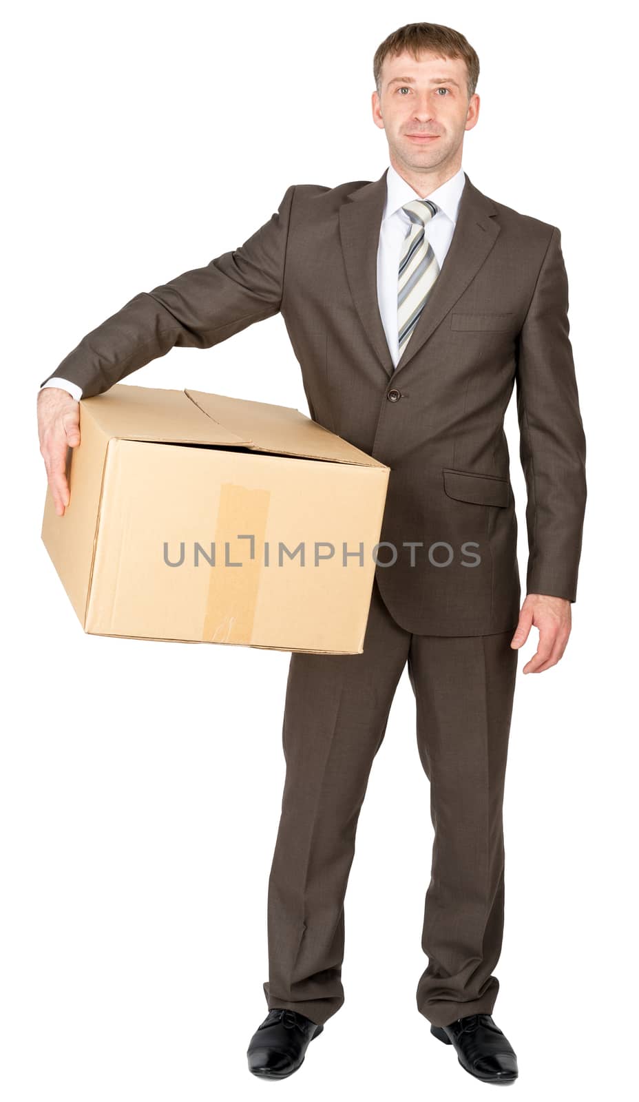 Shop assistant brings parcel, isolated on white background