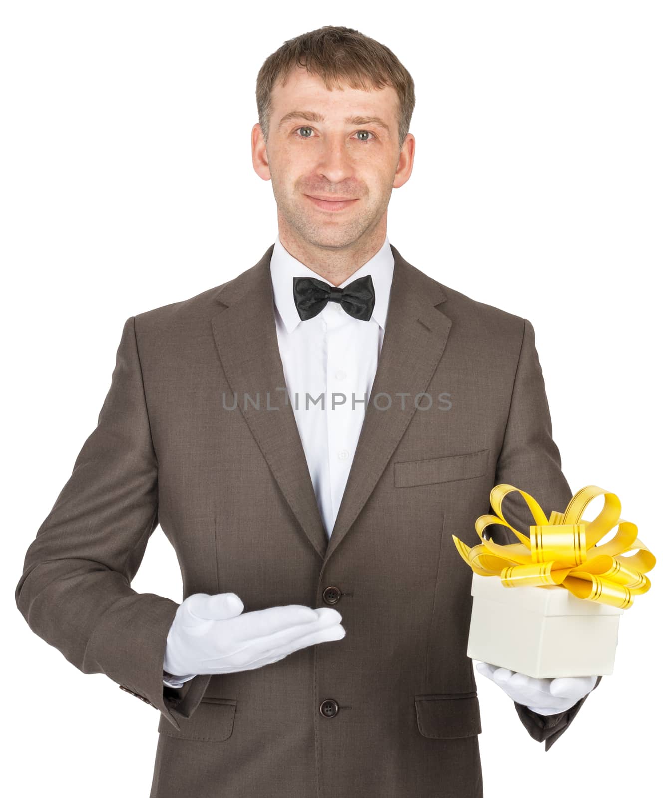Man holding gift box with ribbon isolatedd on white background