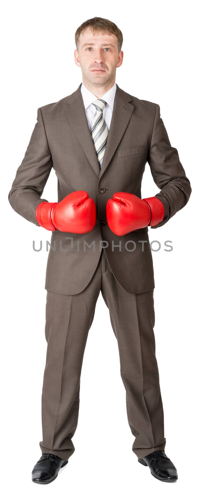 Businessman in boxing gloves isolated on white background