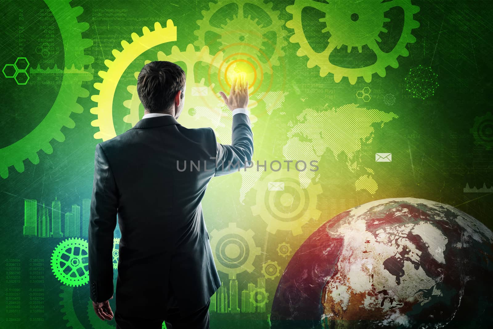 Businessman in suit pressing virtual button on screen. Elements of this image furnished by NASA