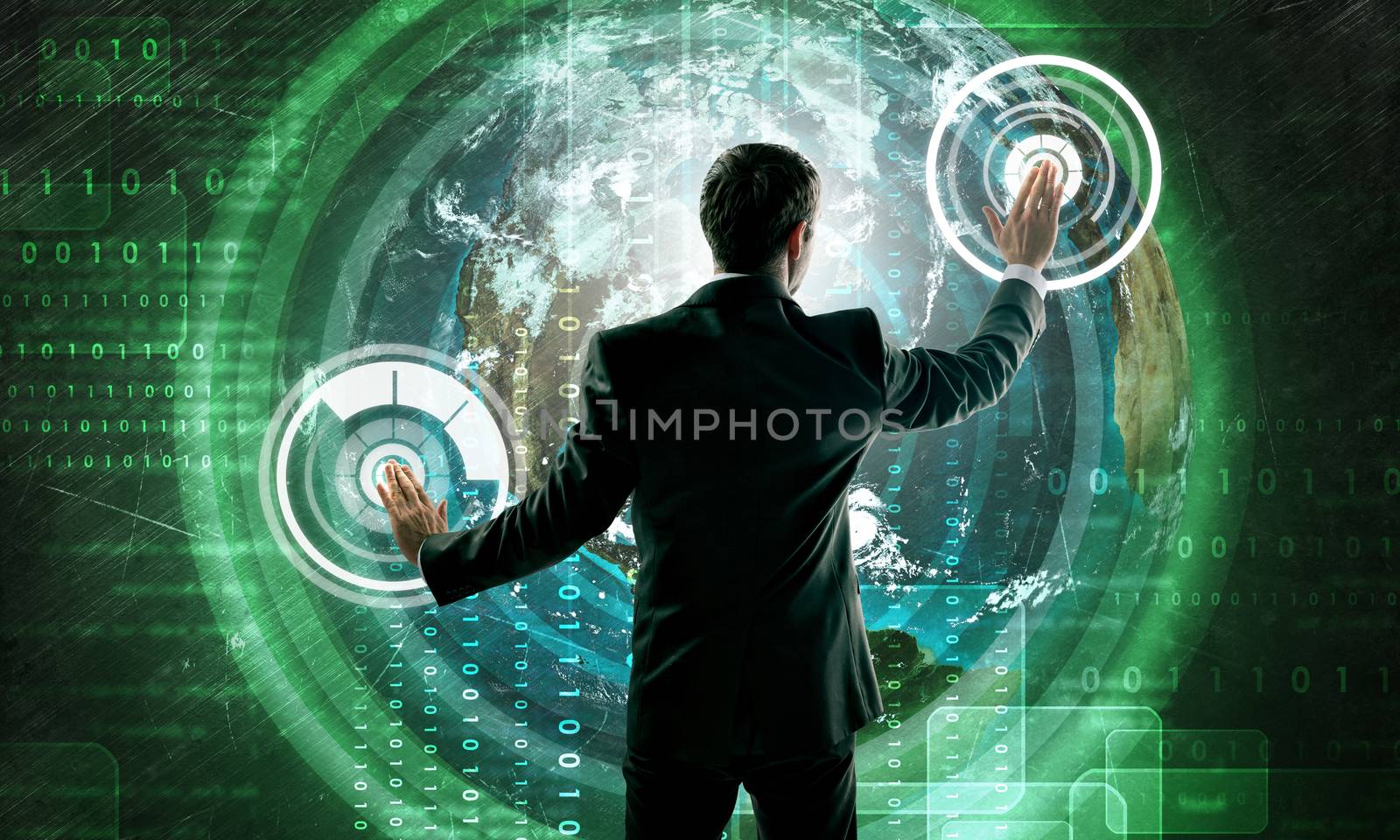 Businessman in suit against digital background with icons and earh globe. Elements of this image furnished by NASA