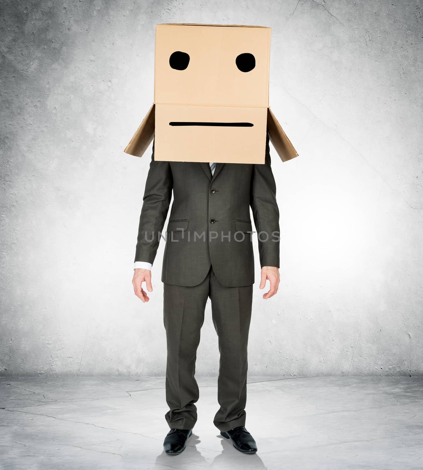 Businessman wearing carton box with drawn emotions by cherezoff