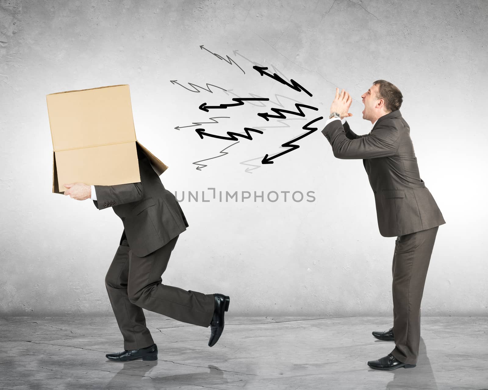 Business boss shouting to employee with box by cherezoff