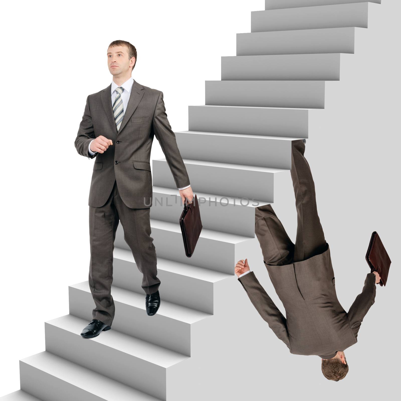 Businessman falling out of stairs with wallking man on white background