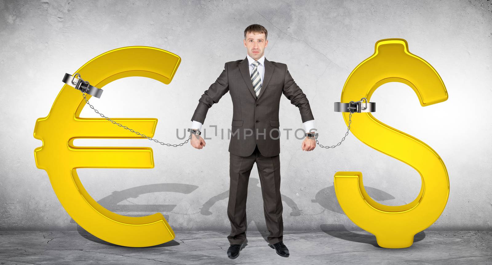 Man chained with golden dollar and euro signs by cherezoff
