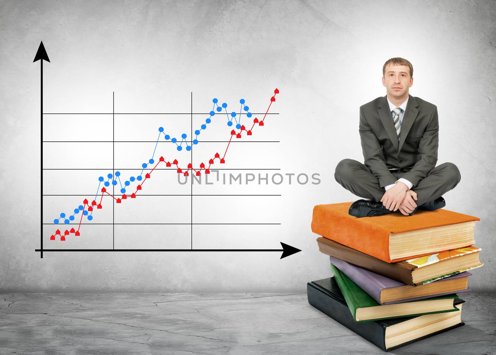 Businessman sitting on pile of books with chart on wall