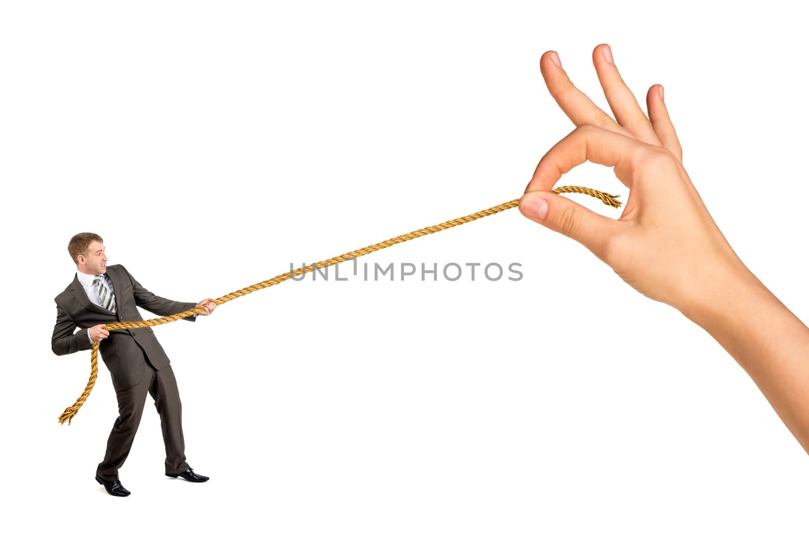 Businessman pulling rope against big woman hand isolated on white background