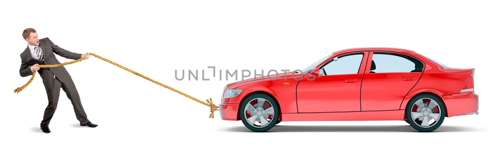 Businessman pulling red car isolated on white background