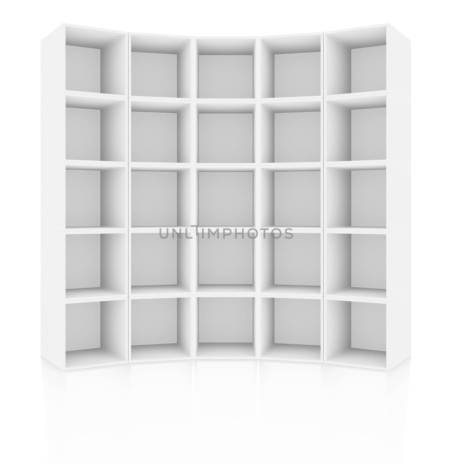 Empty white cabinet, isolated on white background with reflections. 3D rendering