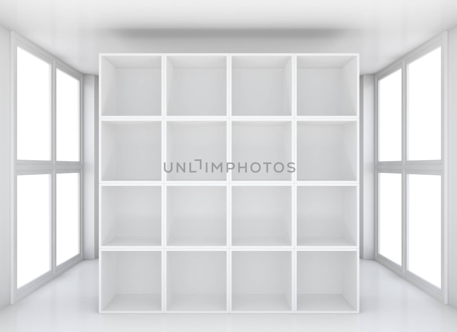 Blank white exhibition bookshelf in glossy showroom. 3D rendering