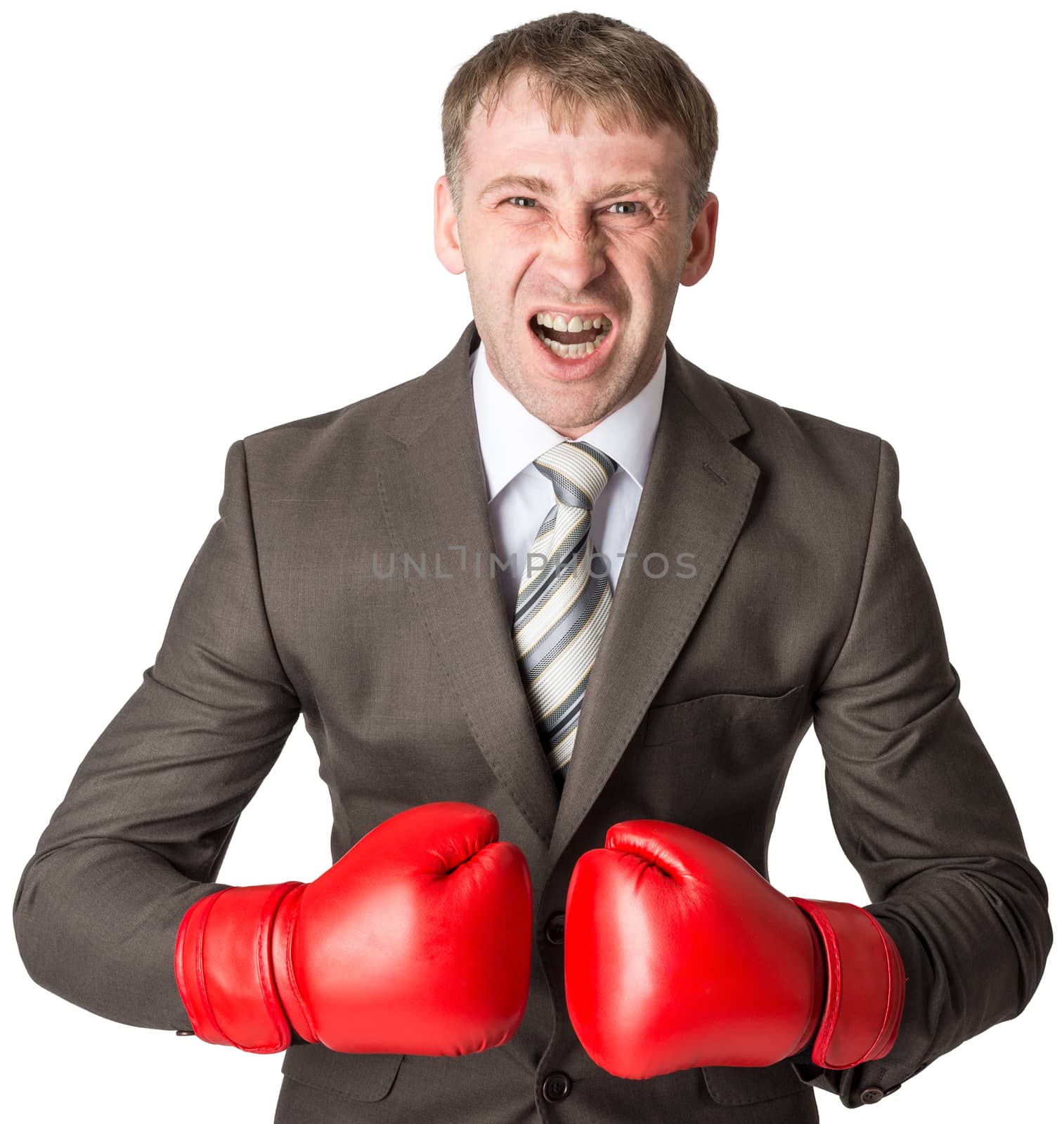 Angry businessman in boxing gloves isolated on white background