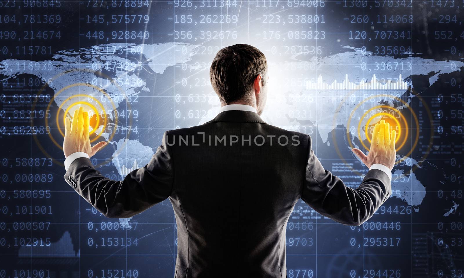 Businessman in suit against digital background  by cherezoff