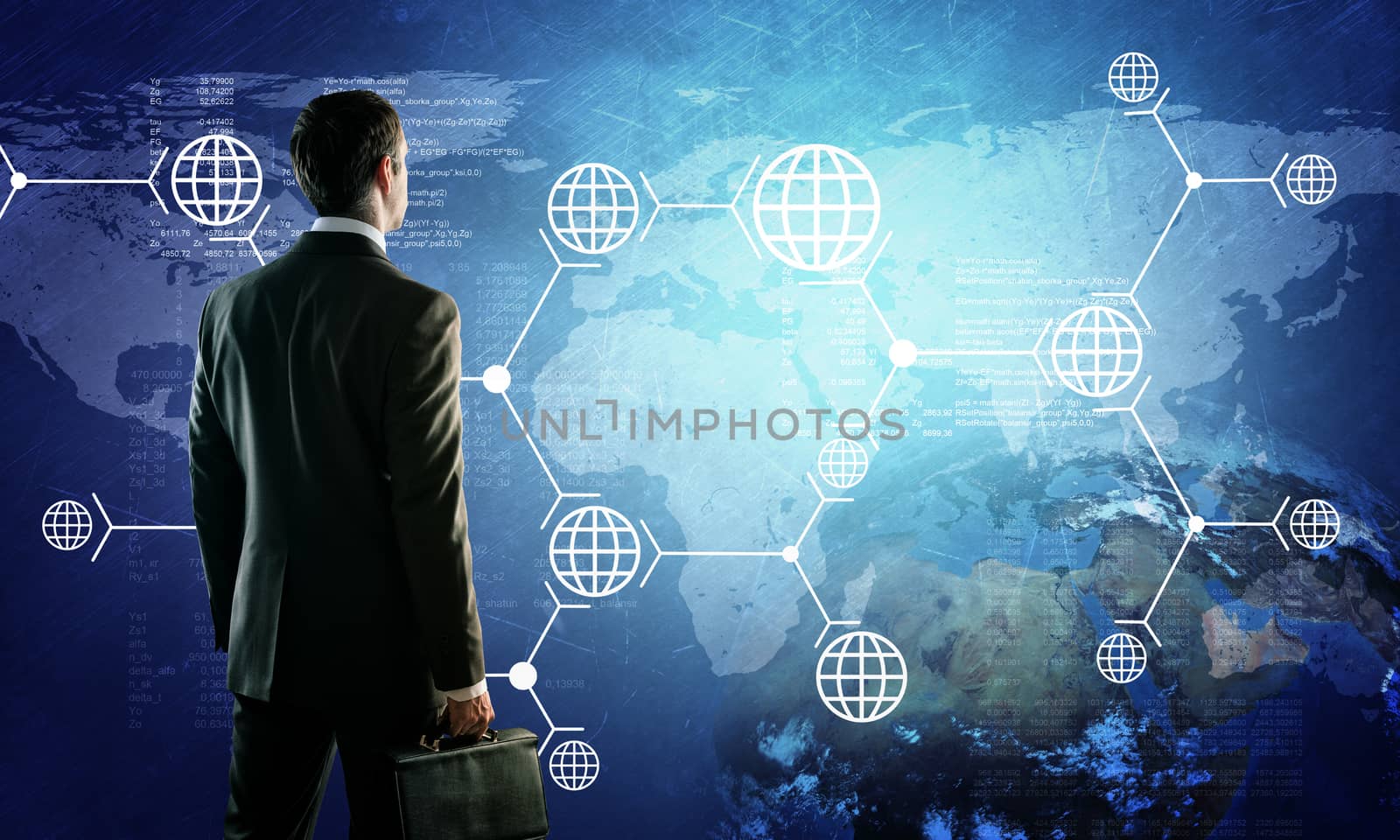 Businessman in suit stand with digital vurtual screen. Man stand back view and hold suitcase. Elements of this image furnished by NASA