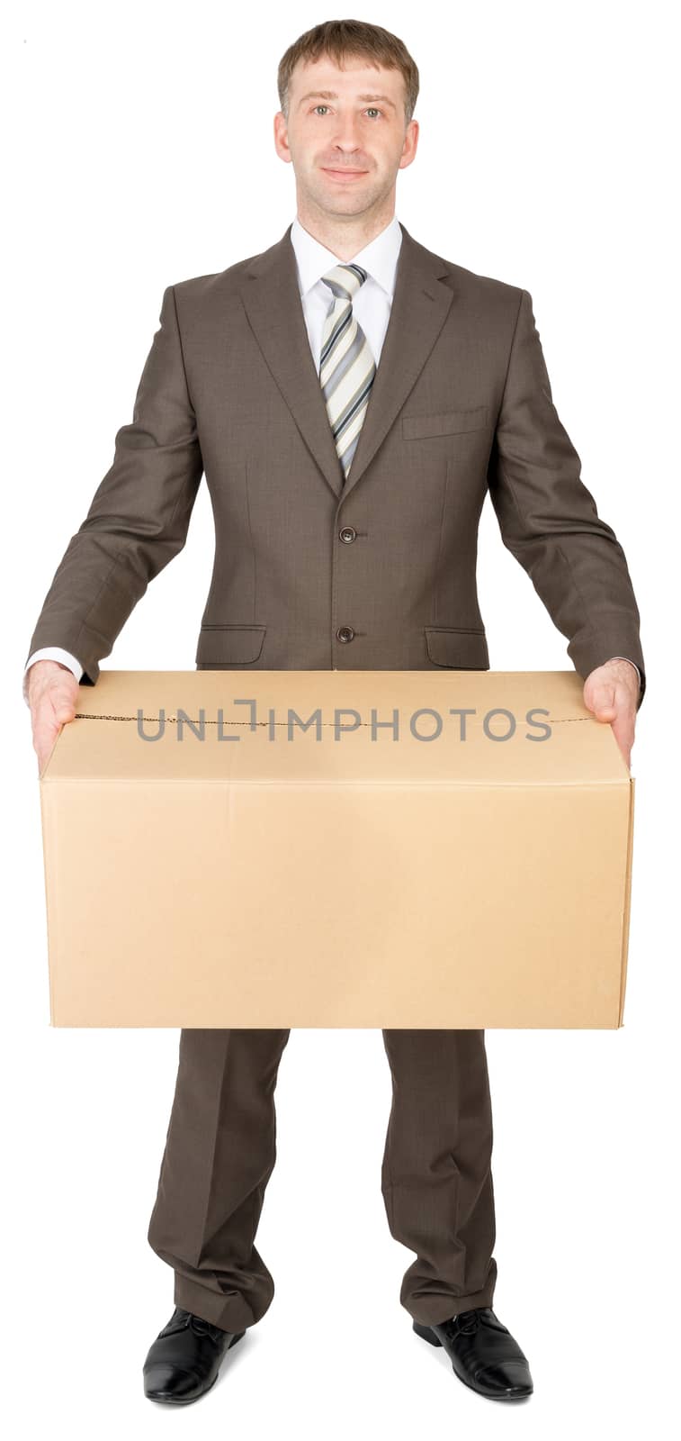 Manager in suit holding parcel box, isolated on white background