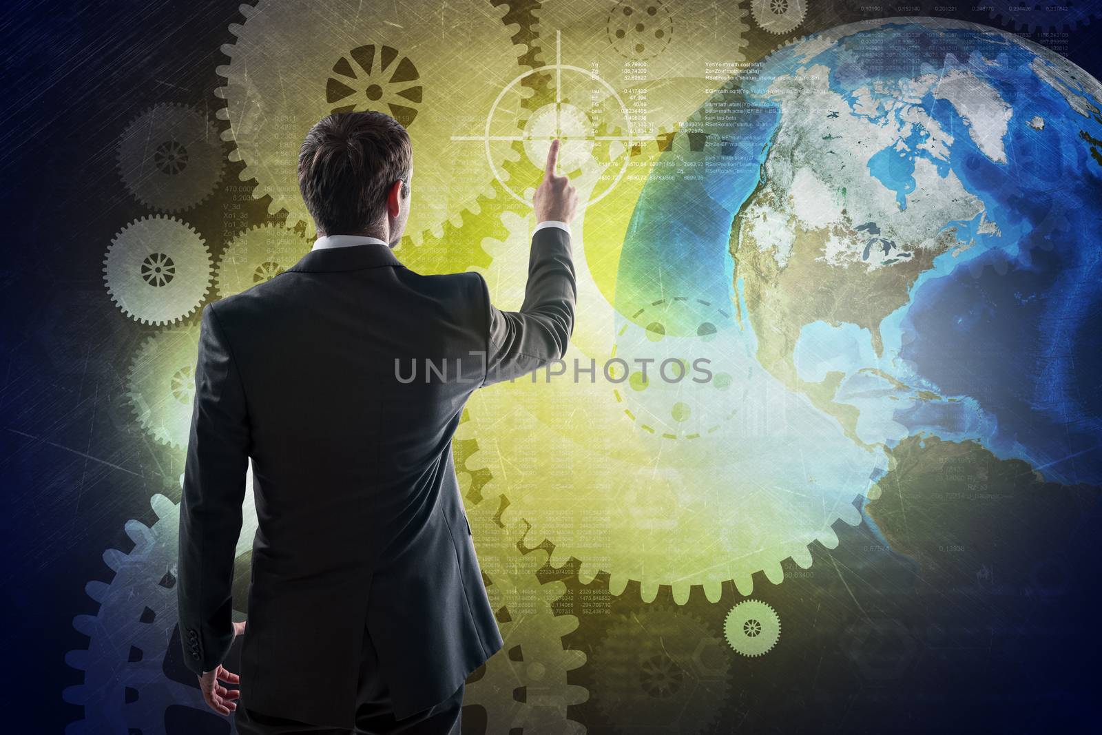 Businessman in suit against digital background with icons and earth globe, rear view. Elements of this image furnished by NASA