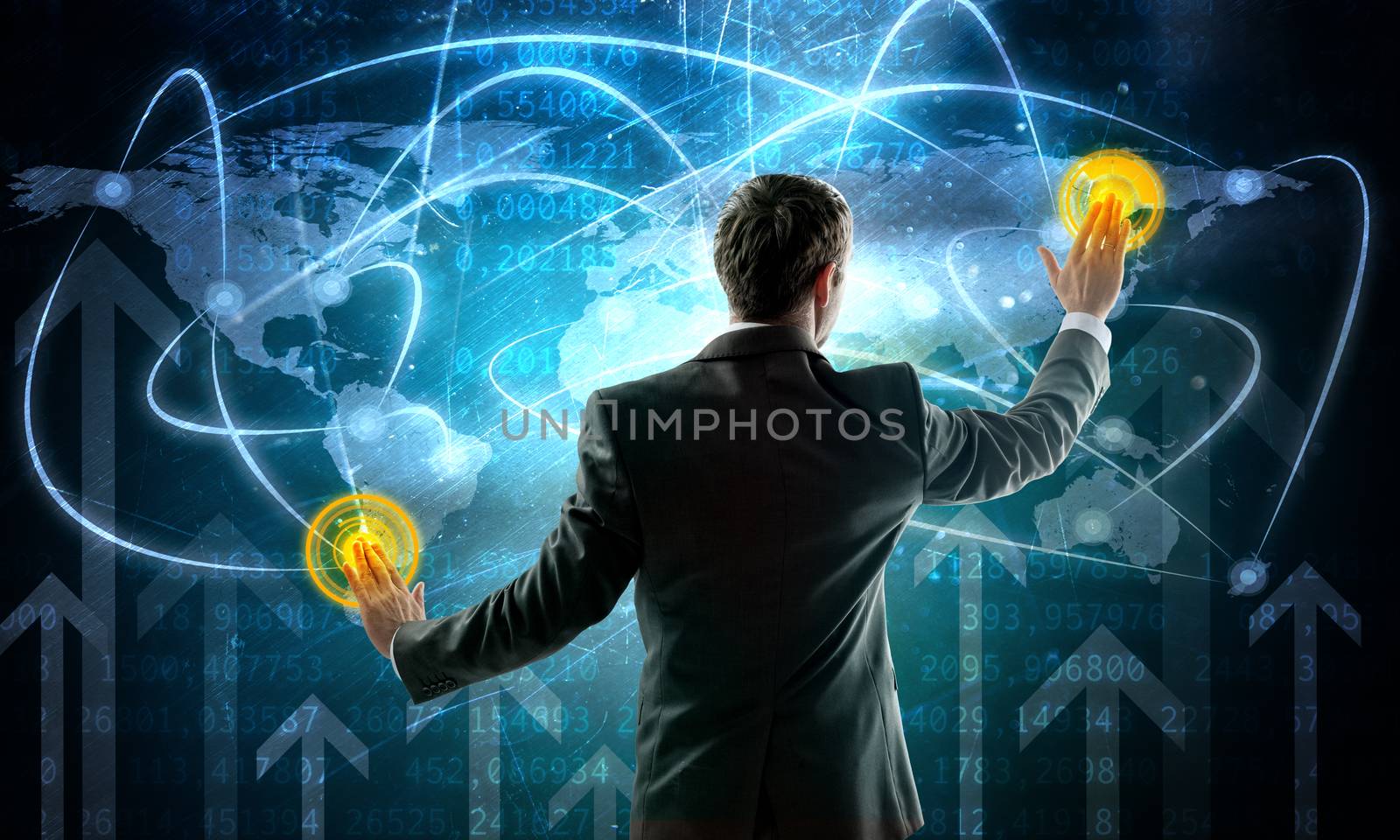 Back view of businessman touching icon of media screen