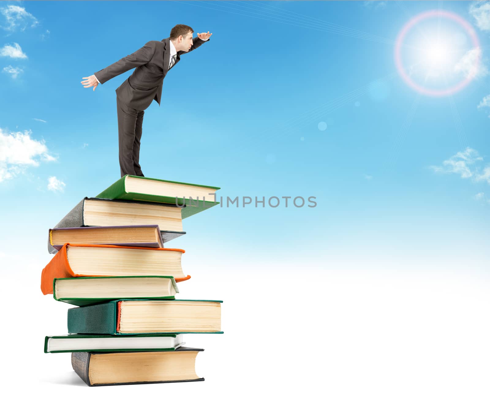 Businessman staying on pile of books on top in sky and looking into distance