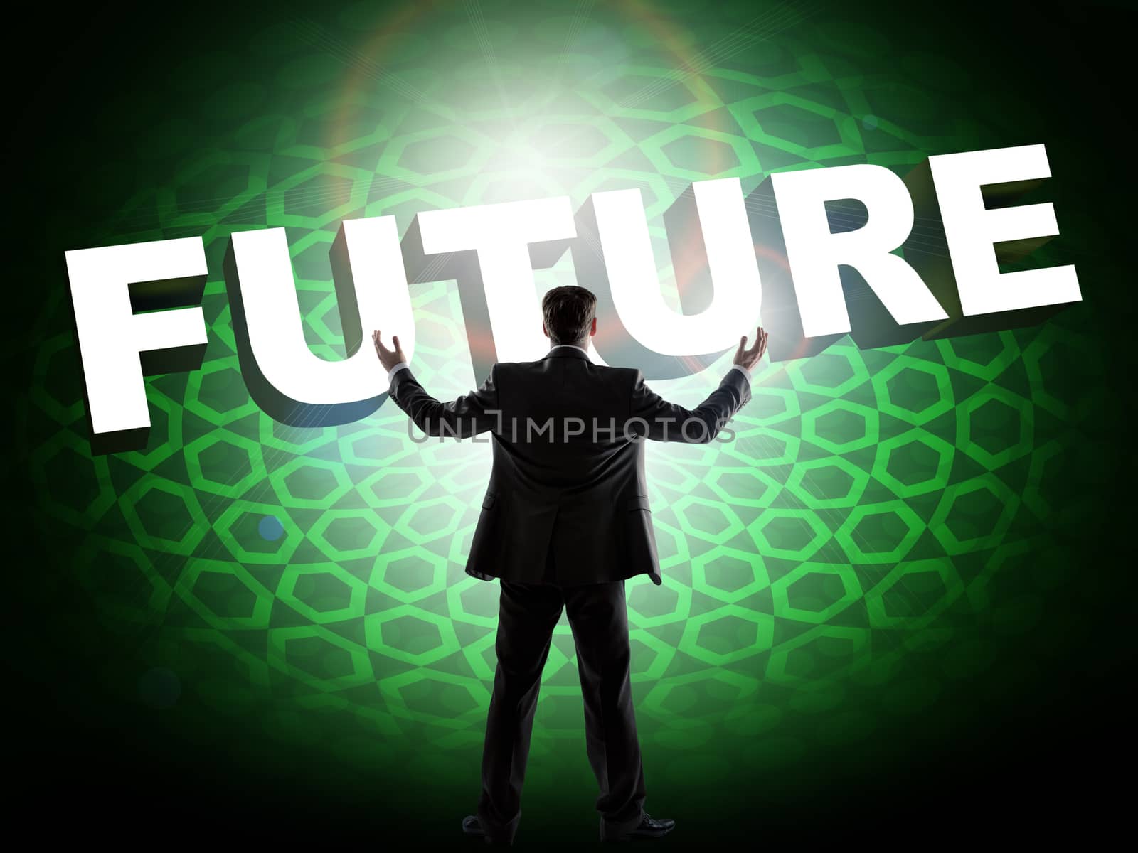 Rear view of businessman in front of digital screen with word future