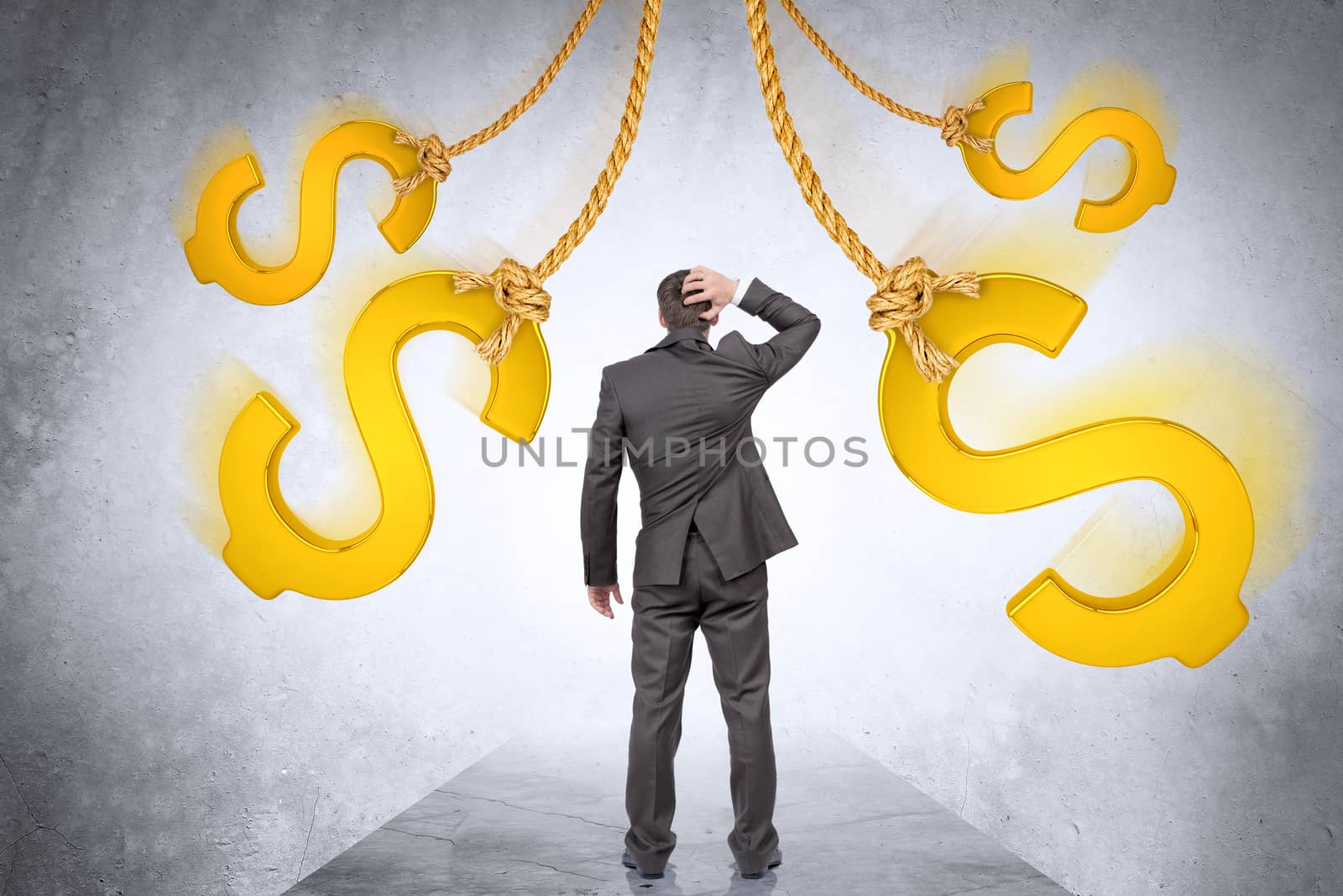 Confused businessman looking on dollar signs by cherezoff