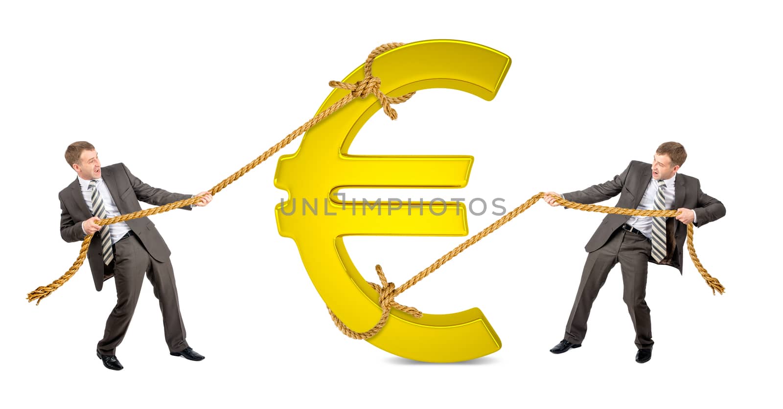Businessman pulling glowing euro sign against another man isolated on white background