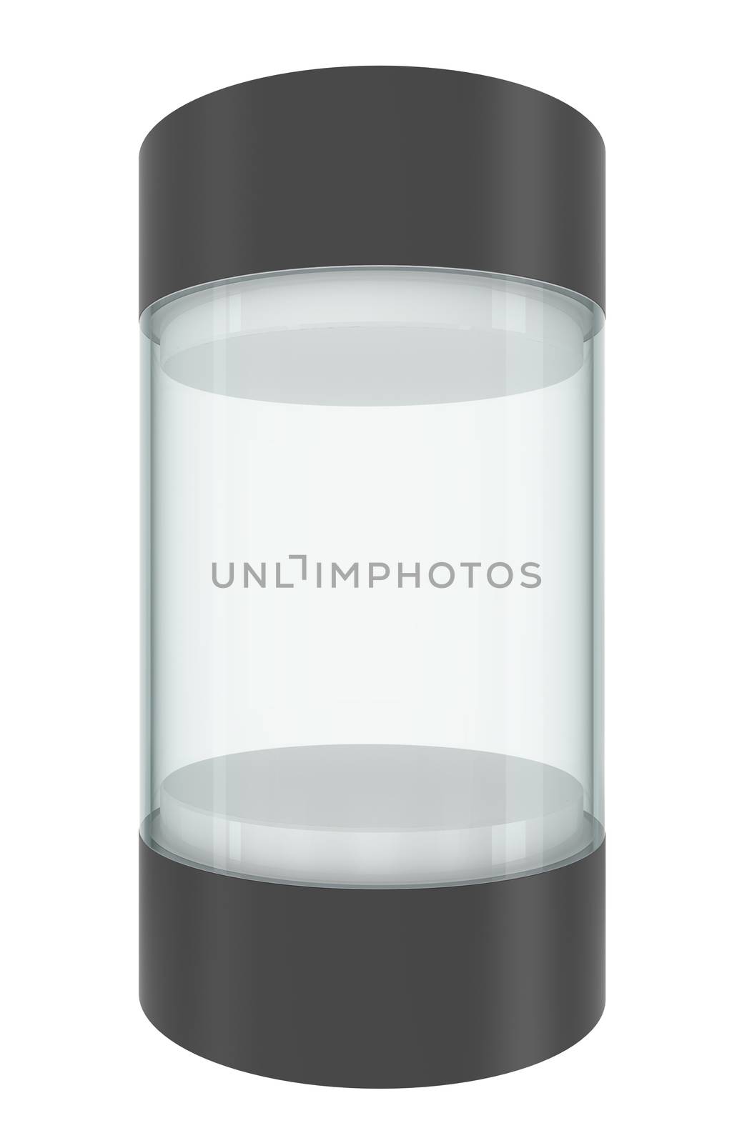 Glass empty showcase with pedestal and cap, isolated on white. 3D illustration