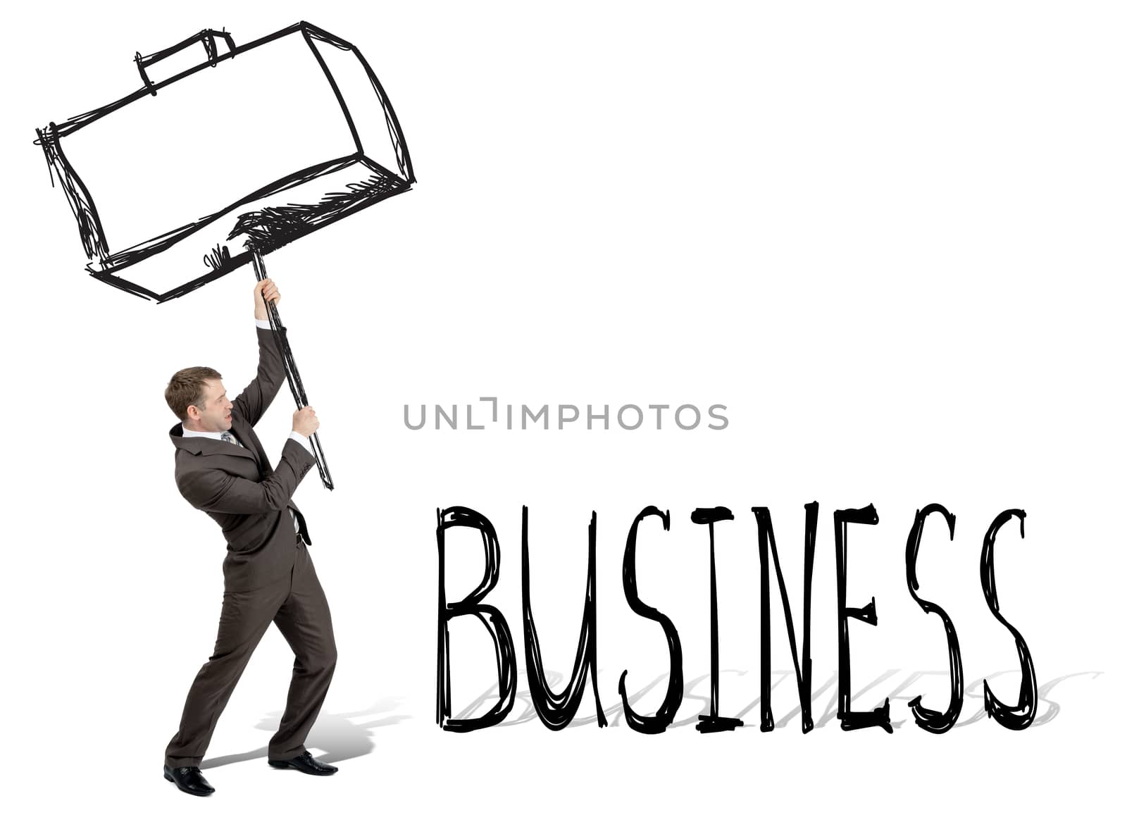 Businessman with drawn hammer breaking word business isolated on white background